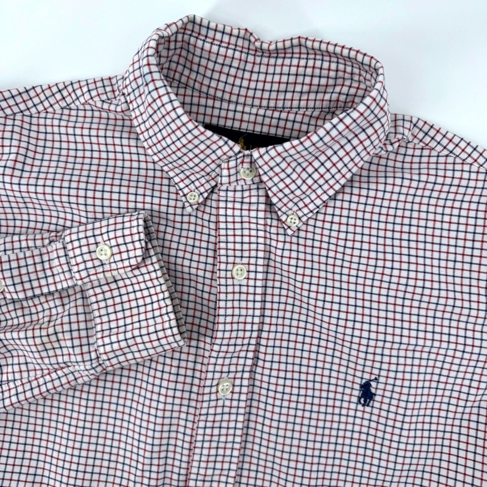 Ralph Lauren Men Medium Custom‎ Fit Button Down Shirt Red Blue Plaid Long Sleeve